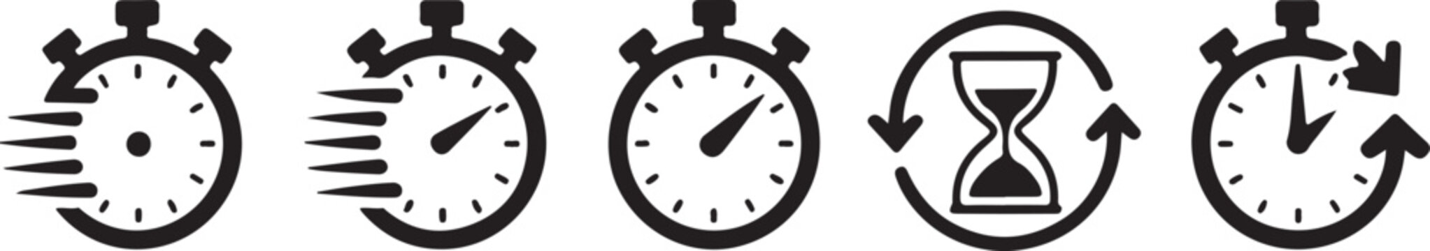 Five stylized stopwatch icons with different actions