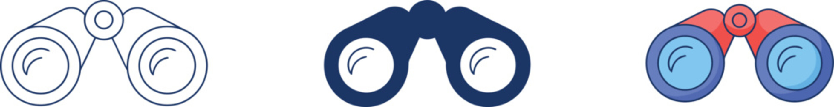 Three different styles of binoculars for exploration and observation on white background