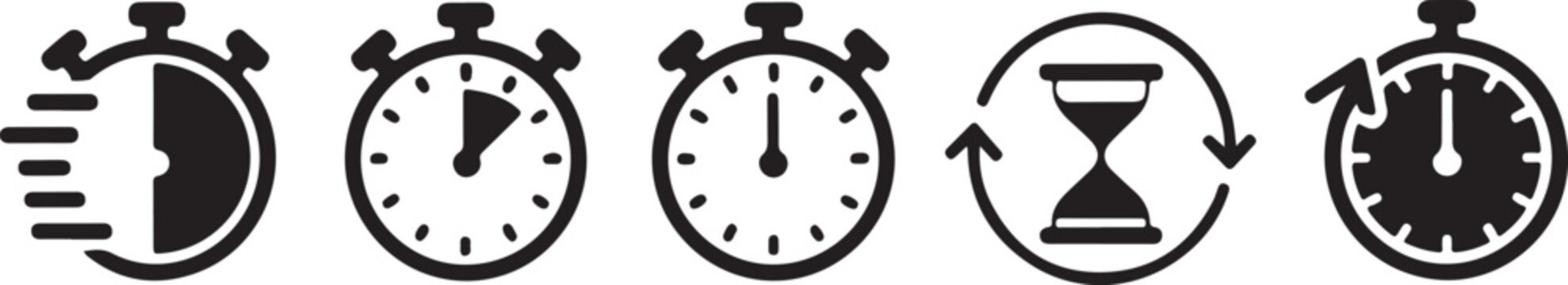 Five different clock icons showing time concepts