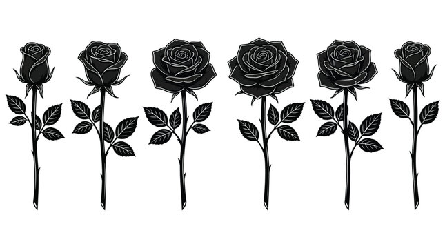 Set of detailed black rose flowers on long stems with leaves and thorns showing realistic petal textures in different angles for elegant botanical illustration projects.