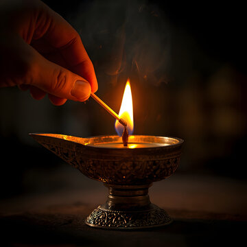 Close-up of a traditional Sri Lankan brass oil lamp (Pana) being lit, warm glowing flame, cultural ceremony atmosphere.