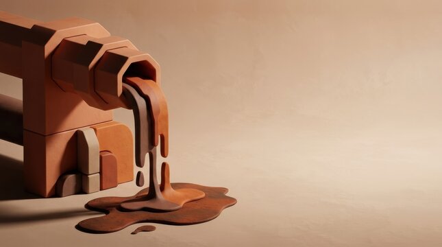 Abstract Terracotta Pipe Pouring Thick Clay Liquid with Copy Space, Minimalist Earth Tone Design for Website Banner and Hero Header Wide Background