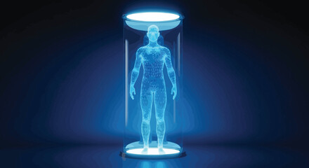 A futuristic depiction of a human form encased within a glowing cylindrical translucent containment unit © grvect02