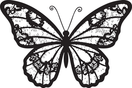 Black butterfly icon, ornate lace wing design, insect silhouette, decorative element