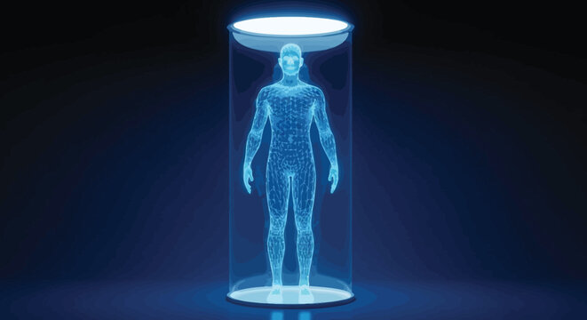 A translucent glowing human figure stands encased within a vertical cylindrical container of light