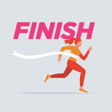 Woman running towards a finish line ribbon with pink text on a light gray background