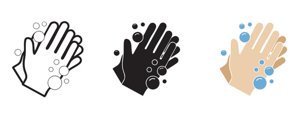 Obraz premium Washing hands together with soap and bubbles outline solid black and colored version hygiene concept vector illustration.