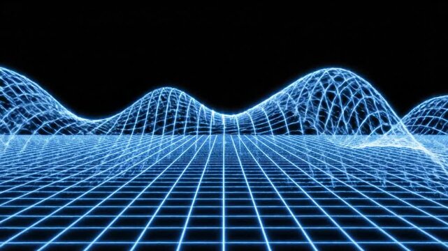Abstract Blue Wireframe Waveform Animation on Black Background.