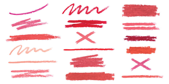 Set of red crayon brush strokes and hand drawn marker lines for design elements and creative text highlights