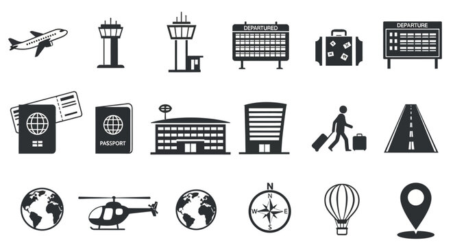 Collection of travel and navigation black glyph icons