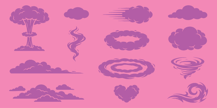 Set of purple cartoon smoke clouds and explosion elements for comic book design and motion graphics