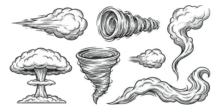Set of sketch style clouds smoke effects tornado and mushroom explosion isolated hand drawn graphic elements