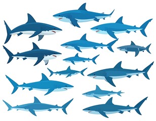 Obraz premium A group of various shark illustrations in different shades of blue