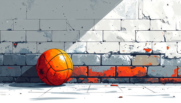 A Minimalist illustration of a basketball resting against brick wall simple line work flat colors orange ball grey wall generative AI