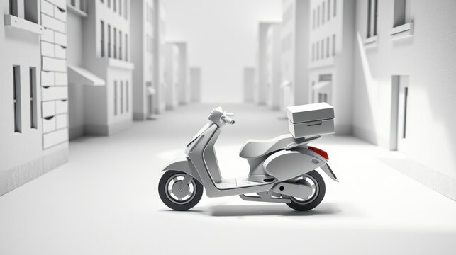 Minimalist cityscape features scooter. White tones dominate scene, creating stark contrast, simple design. Focus rests upon vehicle.