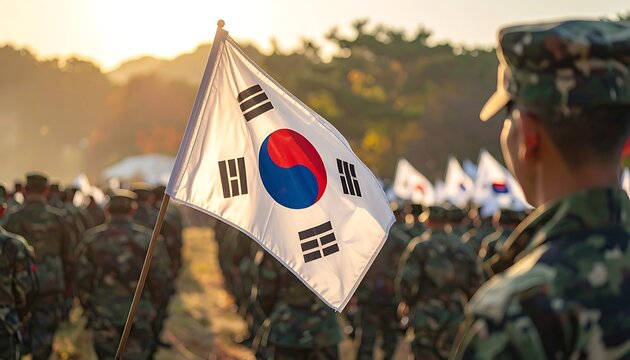A soldier holding a flag stands among troops in a field at sunset
