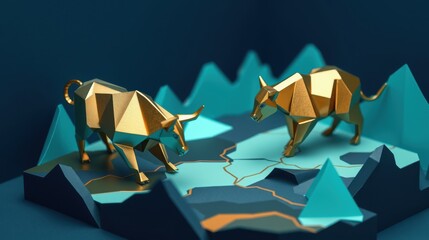 Golden polygonal bulls face off amid blue geometric mountains. Dramatic lighting creates strong contrast, modern aesthetic.