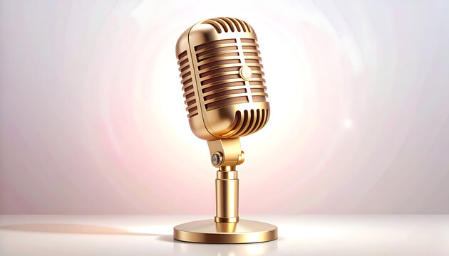 Vintage gold microphone with pink spotlight on white background emphasizing elegance nostalgia and the center stage charisma of schlager generative AI