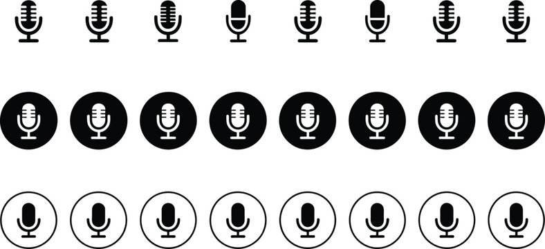 Various microphone in dark blue on a white background, for audio recording