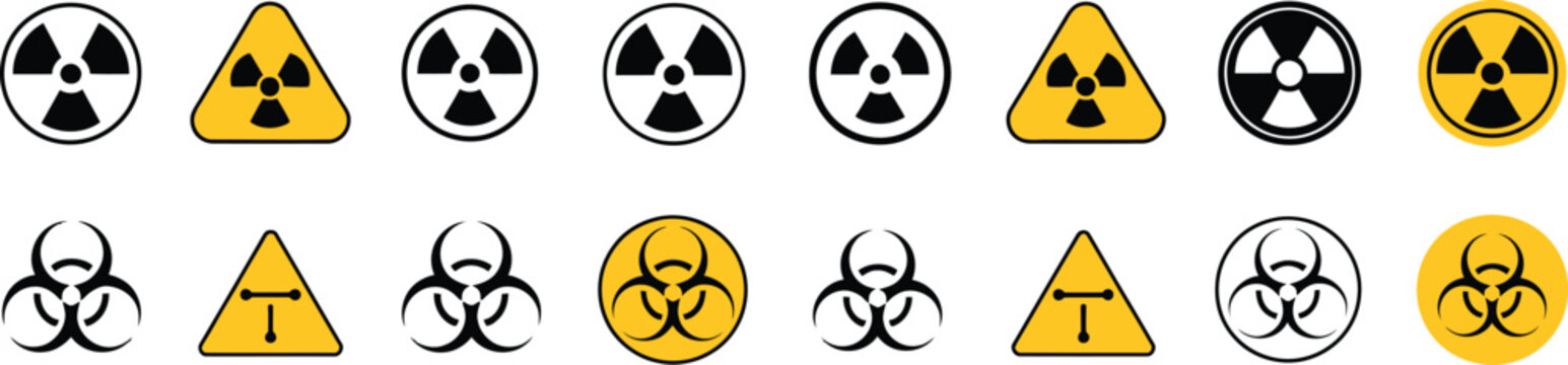Radiation and biohazard warning symbols in dark blue and yellow on a white background
