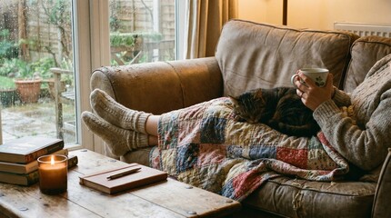 Fototapeta na wymiar Woman practicing a self care routine on a cozy rainy day at home, relaxing on a sofa with a sleeping cat and patchwork quilt, lifestyle concept for mental health and wellness