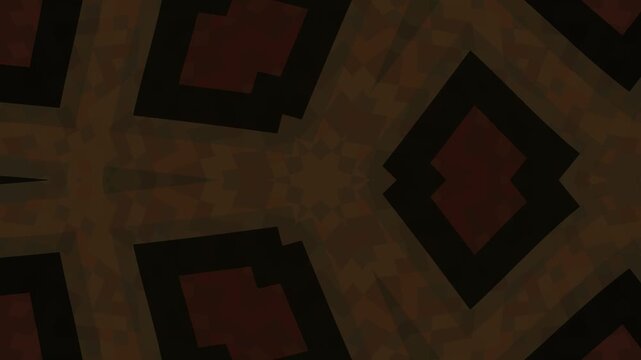 Abstract pixel-style kaleidoscope pattern with warm brown and orange tones, layered geometric symmetry, soft motion background, modern digital texture with depth.