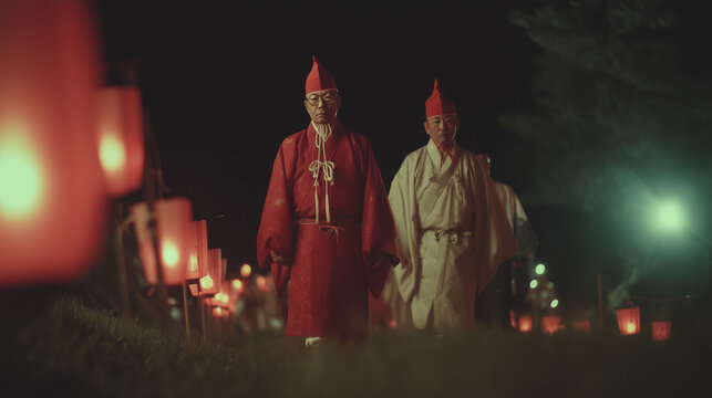 Shinno Matsuri festival goers dressed in traditional robes walk through a sea of lanterns at night