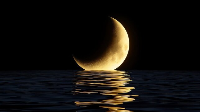 3D glowing neon golden crescent moon floating above a dark ocean