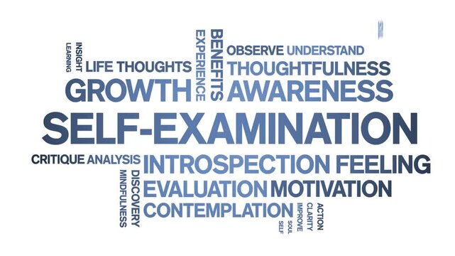 Self-Examination animated word cloud-text design animation tag kinetic typography seamless loop.