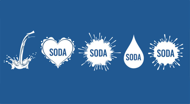 Soda splash vector icons set, white liquid bubbles and water drop shapes on blue background, fizzy drink splash heart and burst elements