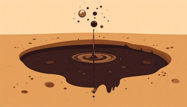 Dark brown puddle with a single bubble rising on tan background representing the thick swampy and dirty sludge metal sound generative AI