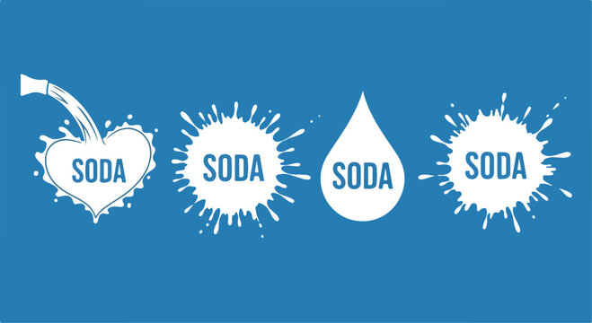 Minimalist soda splash vector icons, white liquid drop and splatter silhouettes on blue background, refreshing beverage logo elements for branding