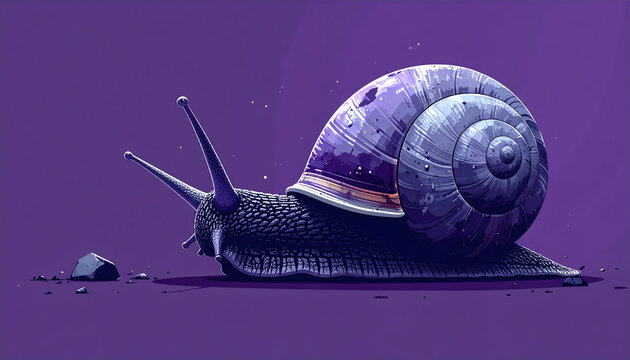 Snail with a shell made of heavy grey stone on a deep purple background representing slow crushing doom metal music generative AI