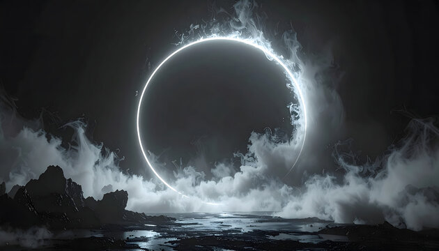 Circle with blurred soft grey edges on a black background representing atmospheric fog machine effects in metal music shows generative AI