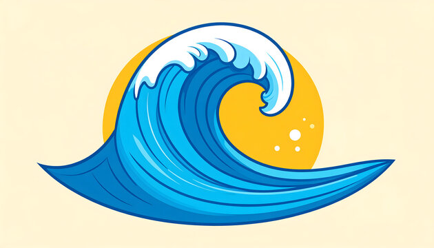 Curling wave as a simple blue line with a white foam circle on yellow background capturing California surf rock energy generative AI