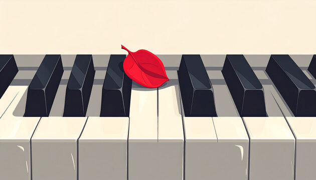 Piano key with a single red rose petal on a white surface representing the soulful craft of piano led ballads generative AI