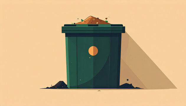 Compost bin illustration in dark green with a brown circle on tan background symbolizing sustainability and organic recycling through minimalist design generative AI