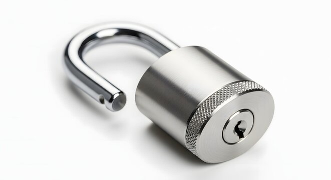 Shiny metal padlock with open shackle on surface
