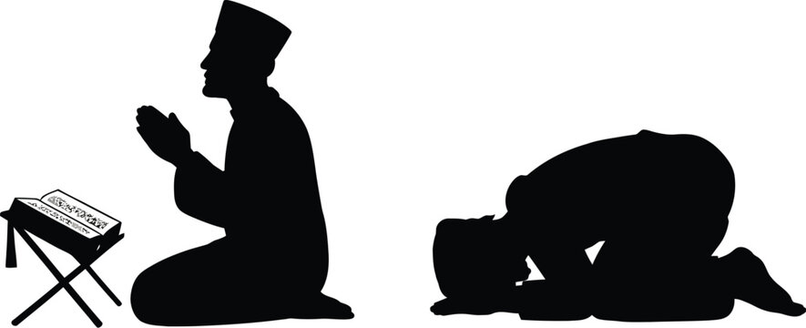Islamic prayer silhouette illustration showing a man in worship positions with the Quran for Ramadan Kareem and religious design concepts.