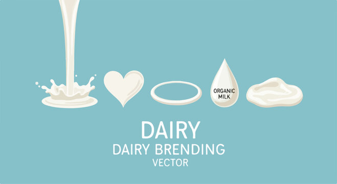 Organic milk splash and dairy branding elements, white liquid pouring with heart and drop icons, flat vector set for yogurt and cream packaging