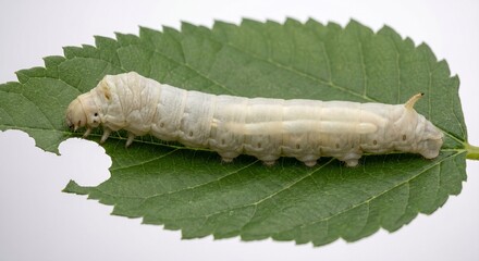 Fototapeta premium Domestic silkworm larva feeding on a fresh green mulberry leaf