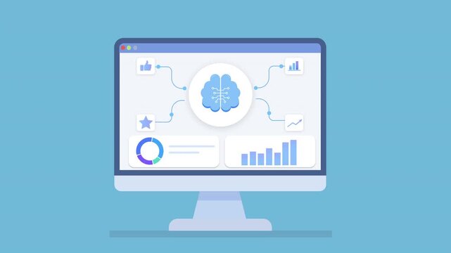Clean animation of a desktop monitor displaying AI cloud analytics dashboard with data visualization, connected nodes, and charts, representing machine learning and digital workflow systems.