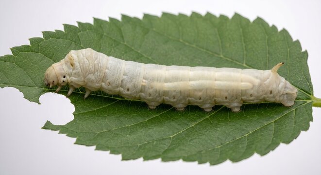 Domestic silkworm larva feeding on a fresh green mulberry leaf