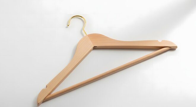 Brown wooden clothes hanger with gold hook on light surface