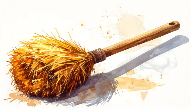 Broom illustration featuring a simple tan handle and triangular ochre bristles on white background symbolizing tidiness and garden work completion generative AI