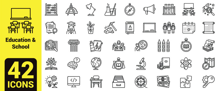 Education and School Icon Set featuring Science Lab Tools, Graduation, Classroom Furniture, Academic Certificates, Creative Learning, History, Geography, and Math Study Symbols.