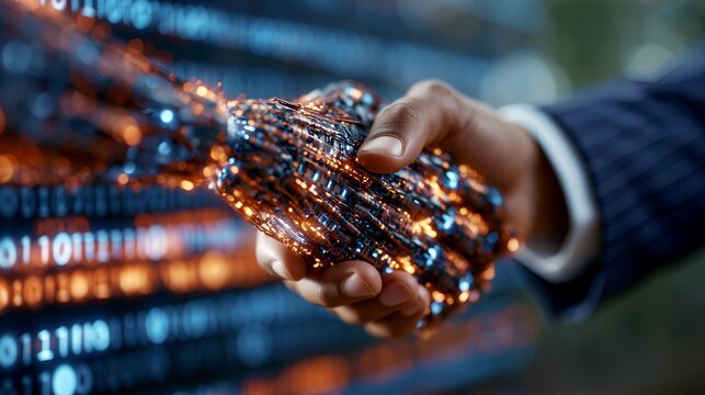 Digital handshake between human and robotic hands with glowing binary code on dark background scene