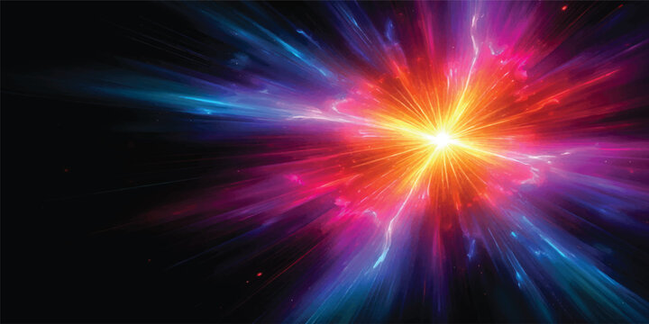 An abstract blue space background design featuring a glowing supernova explosion with fractal patterns, bright laser beams, and a shining star burst of light and energy