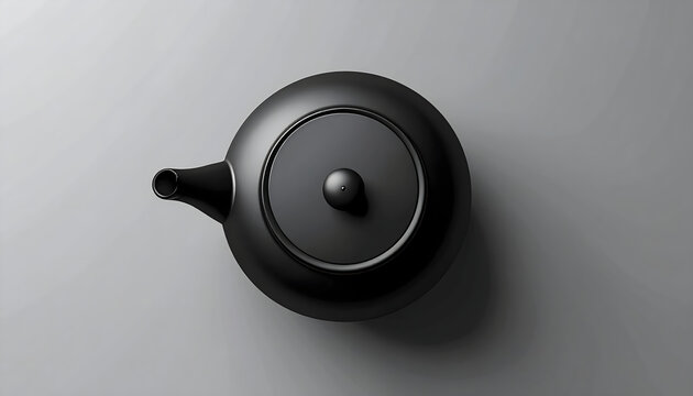 Japanese teapot illustration in matte black showing a circular lid and elegant handle from a top down view on grey generative AI