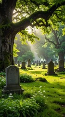 Obraz premium A serene, sunlit graveyard scene with lush greenery